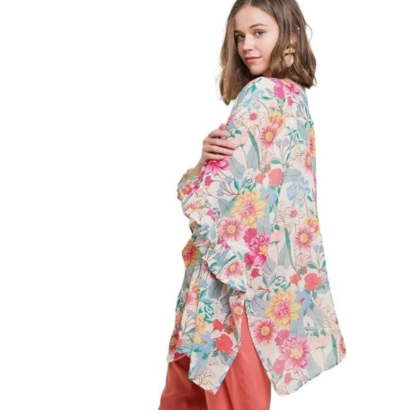 Umgee Floral Ruffle Sleeve Open Front Kimono Cardi Cover Up Top Sz S - Picture 10 of 10